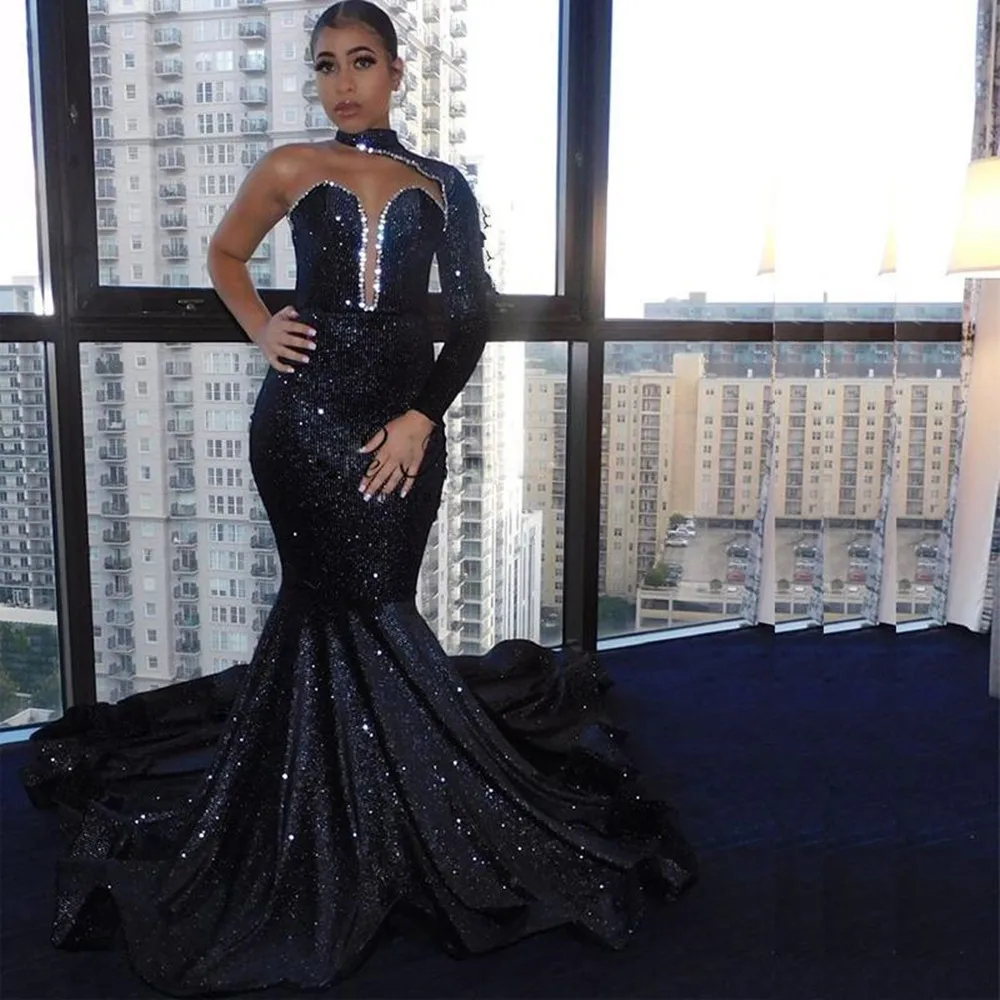 Brilliant Black Sequined Mermaid Evening  One Long Sleeve High Neck Crystal  Gown Sweep Train Celebrity Dress