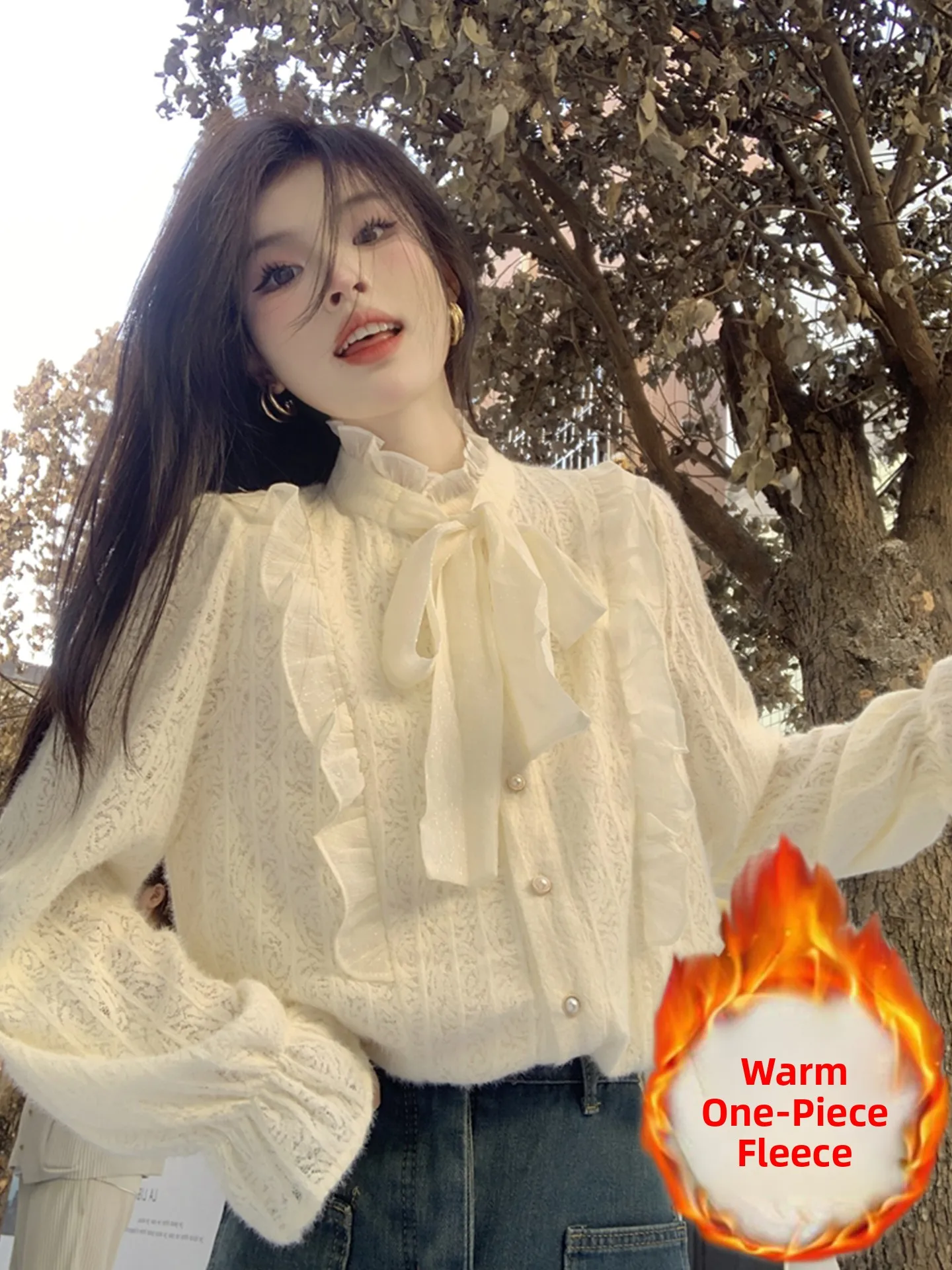 

French Sle Long Sve irt Women's Autumn Winter Unique Beautiful Lace Bright Matching Knot irt Ele Chic