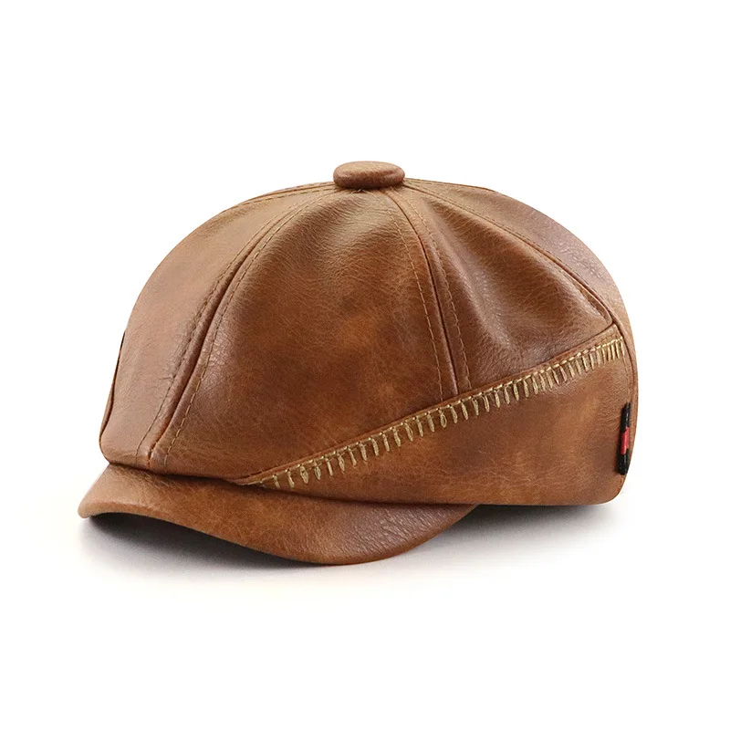 High Quality PU Leather Newsboy Caps Winter Warm Men Solid Casual Retro Beret Hats Octagonal hat Fashion Flat Caps