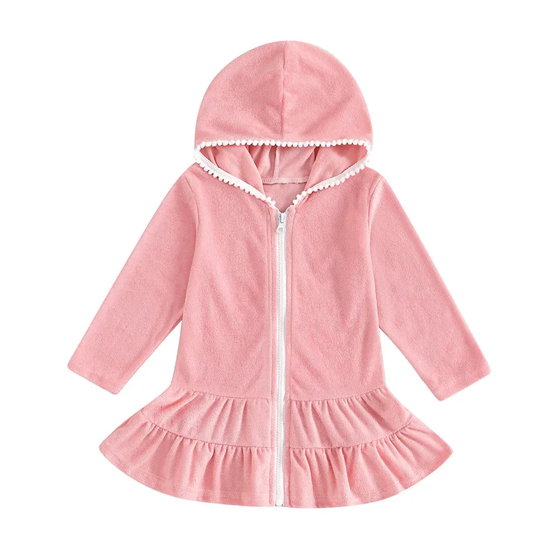 Kid Girls Swim Coverups Solid Color Long Sleeve Hooded Dress Zip-Up Robe Towel Beachwear