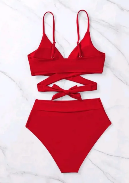 Red Solid Bikini Vacy Crisscross High Waist Red Bikini Set Tie Back Bra Bottom 2 Piece Bathin Suit Swimsuit For Yong Ladies