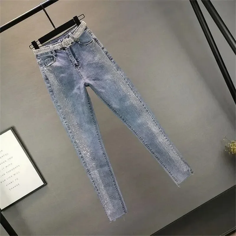 Spring Streetwear Women Pencil Pants 5XL Vintage Blue Slim Diamonds High Waisted Ankle-length Jeans Casual Denim Trousers Z498