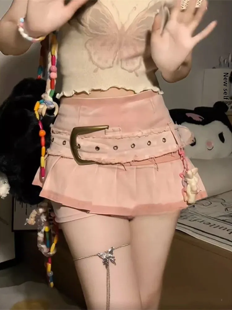 Y2K Dopane Pittig Meisje Denim Rok Broek Vrouwen Zomer Ontwerp Retro f Rok Lage Taille A-lijn Geplooide ort Rokken