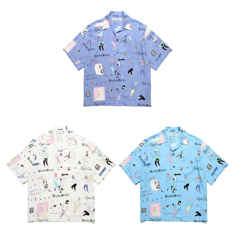 

Cuban Neck WACKO MARIA Full Print Anime Mask Men Casual Graffiti Hawaiian Short Sleeve Shirt with Tags