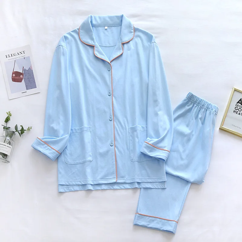 

Solid Color Cotton Pajamas Women's Long Sleeved Cardigan Long Pants Two-Piece Sleepwear Loose Fitting Casual Nightwear Home Wear