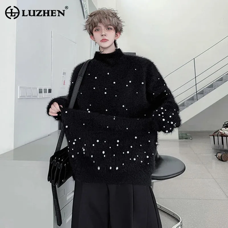 

LUZHEN Winter 2025 New Pearl Decorate Patchwork Loose Knitted Pullover Men Round Neck Trendy Handsome Male Casual Sweater JY4831