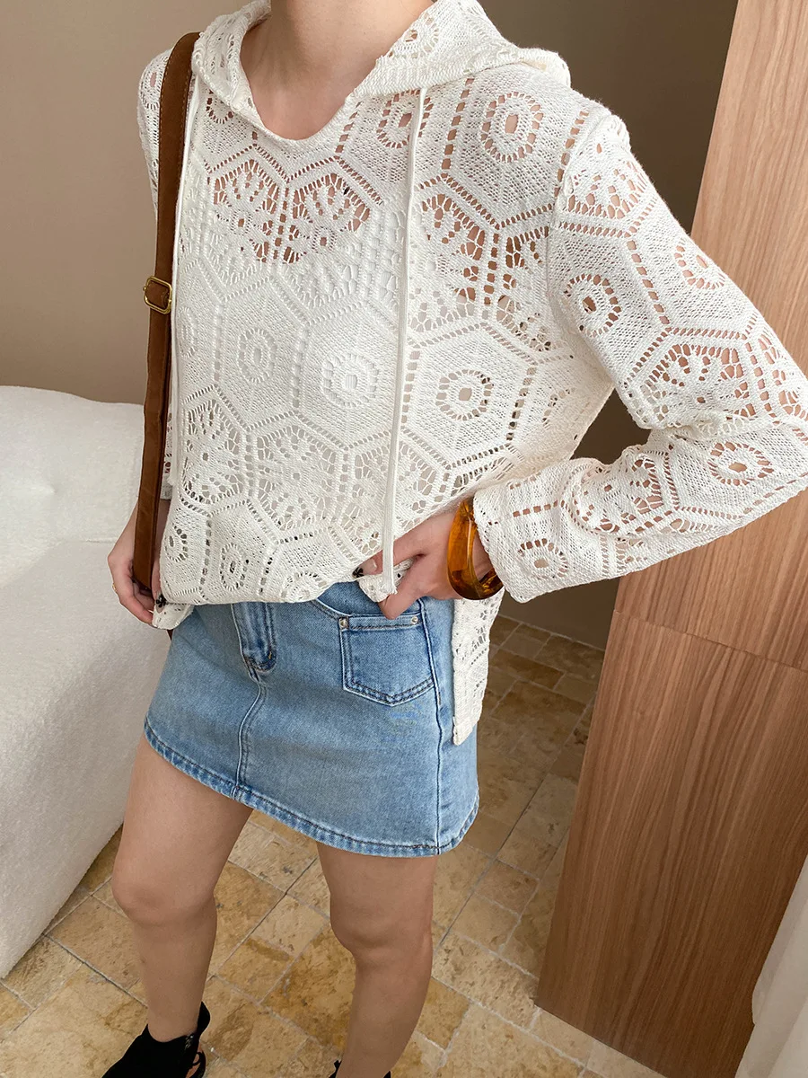 

Vacation style Sun Protection Lace Hollow Hook Flower Loose Long Sleeved Hooded Sweatshirt