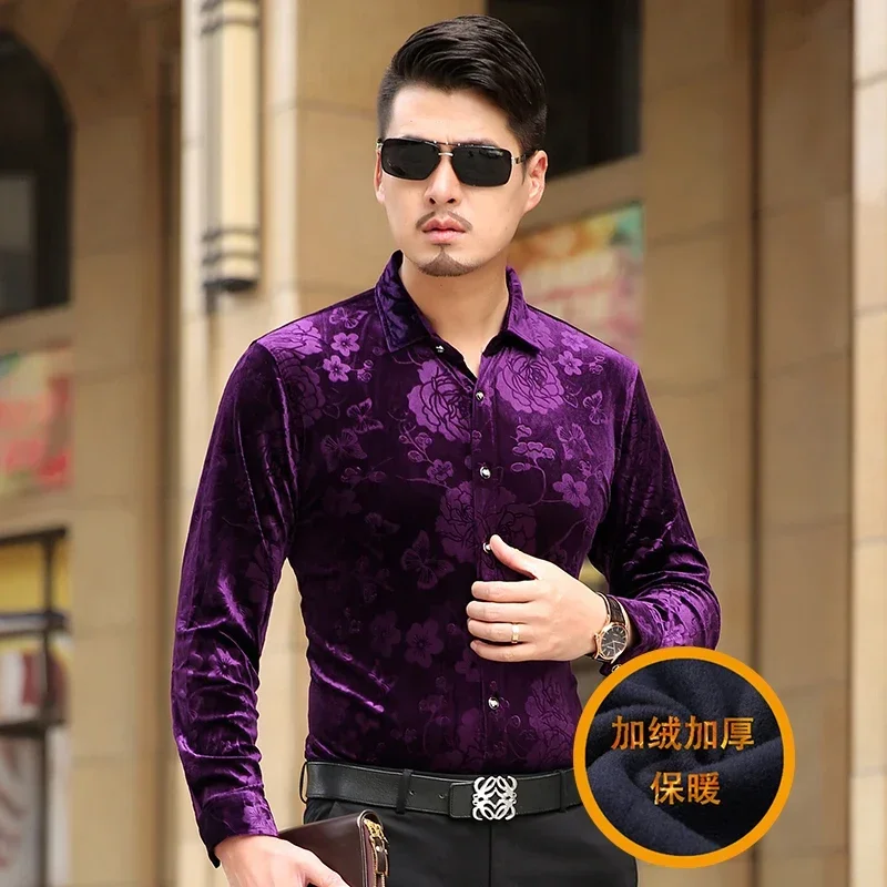 Autumn Winter Thick Velvet Dress Shirt For Men Casual Long Sleeve Warm Fleece Lining Shirts Fashion Soft Silk Flannel Tops Shirt