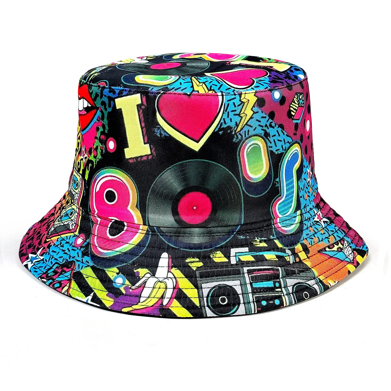 Image of Unisex Retro-Kassetten-Eimerhut, geeignet für alle Jahreszeiten, faltbarer, wendbarer Sonnenhut, geeignet für Hip-Hop-Stil, farbenfroher Eimerhut mit I Love 80S-Muster, geeignet für Themenpartys und