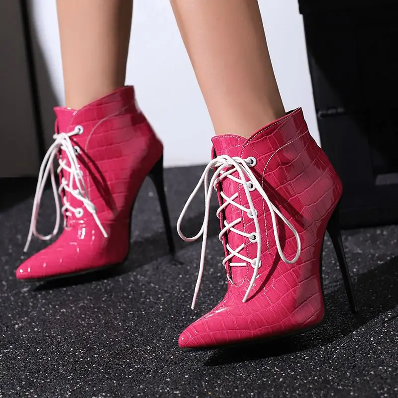 SIMLOVEYO 2024 Women Ankle Boots Pointed Toe Stiletto 12cm Lace Up 46 47 48 Party Dating Booties