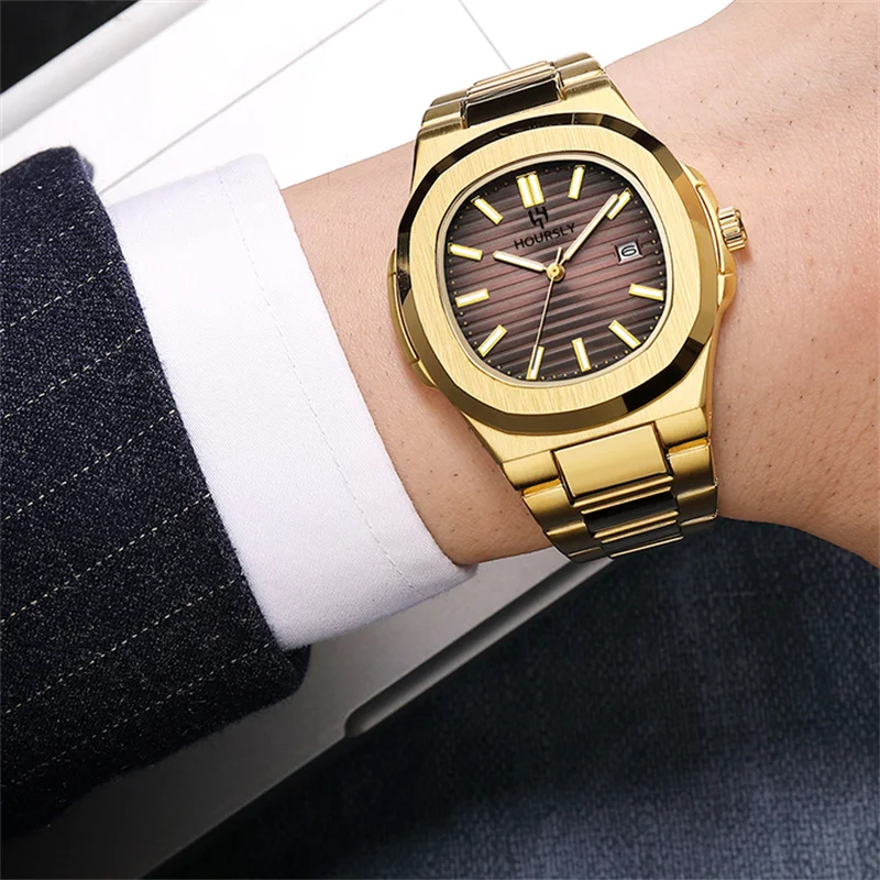 Luxury retro quartz waterproof men\'s watch with calendar simple gold steel strip high-end classic style suitable for business