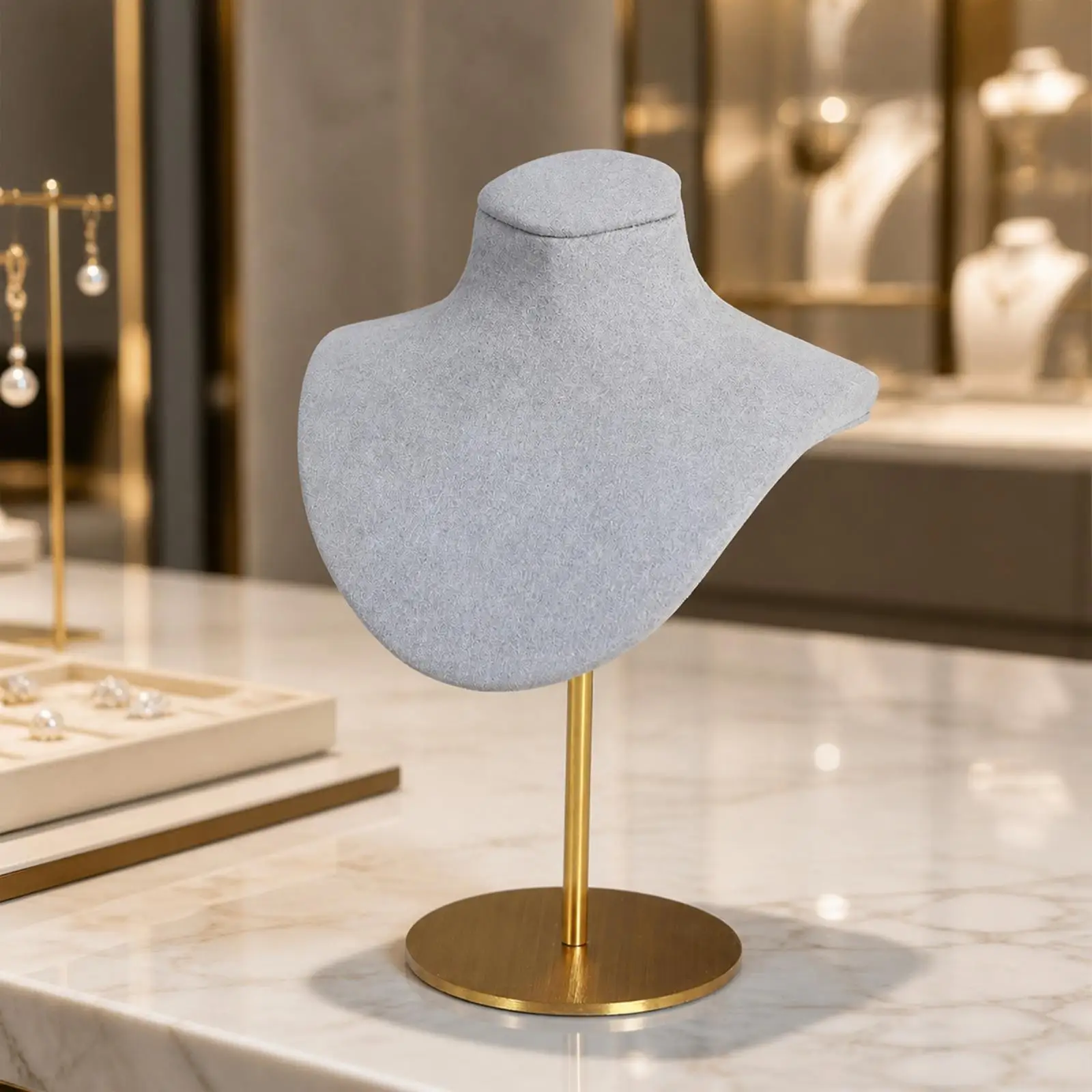 Compact Necklace Display Stand with Flocked Bust Form and Round Base for Jewelry Counter Display