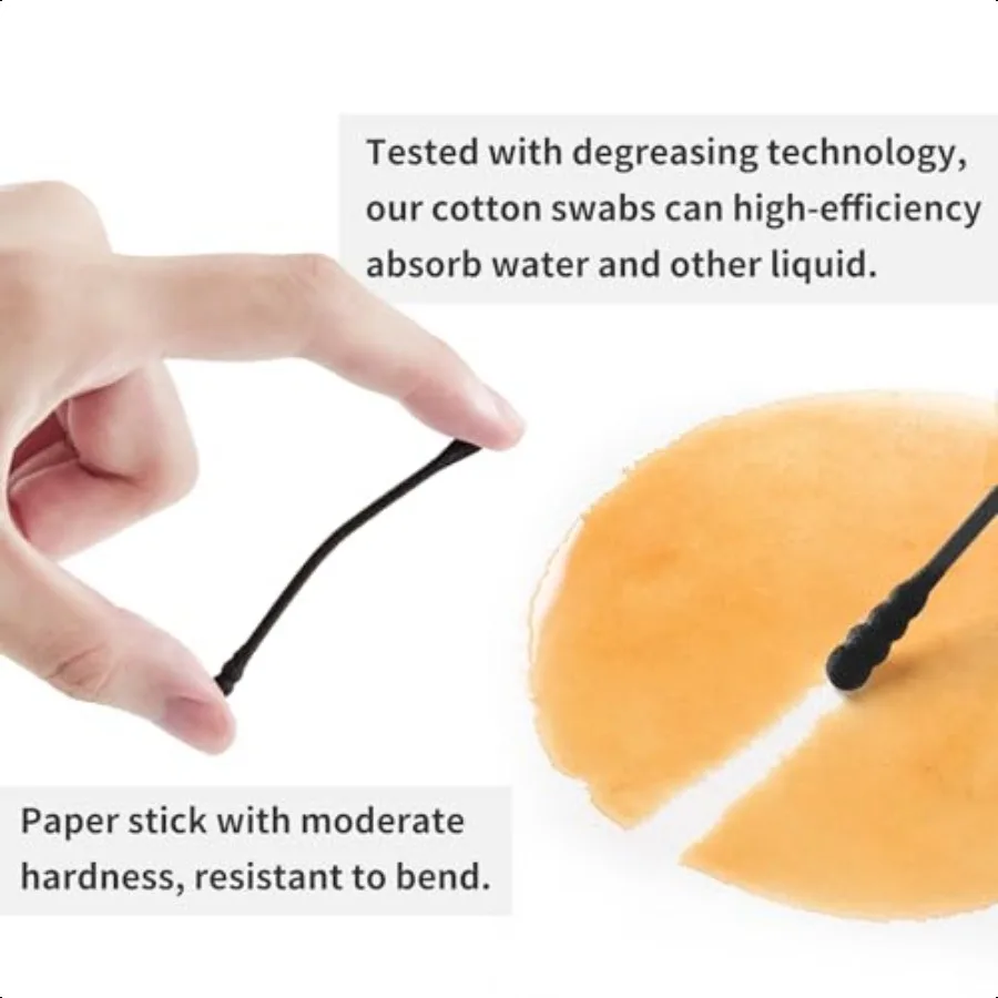 160 Batang Kapas Hitam Ujung Ganda Bentuk Spiral untuk Membersihkan Telinga, Bebas Serat, Tongkat Kertas Biodegradable, Multiguna untuk Riasan