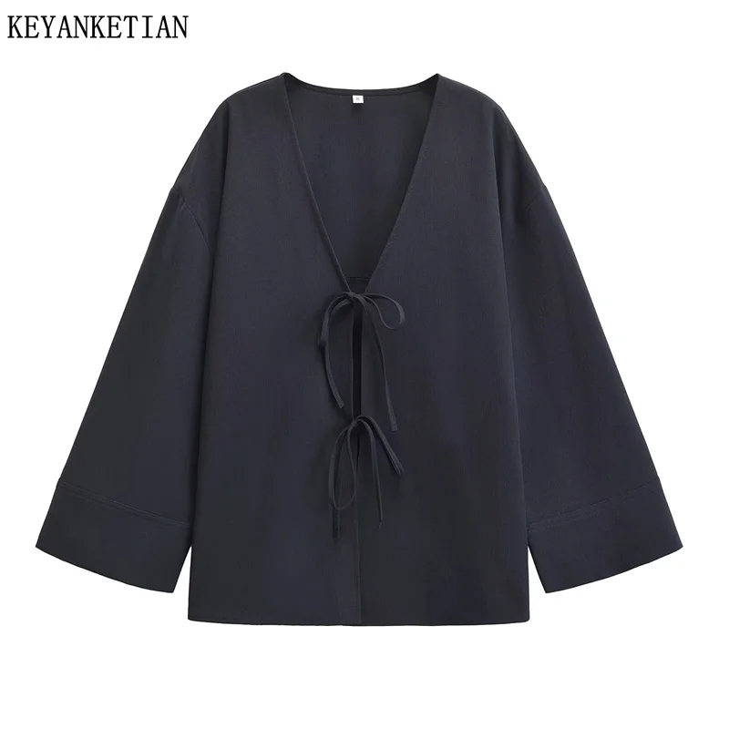 

KEYANKETIAN 2024 Autumn New Women's Hollow out Bow Lace Up Short Kimono Shirt Navy blue V-Neck Long Sleeve Loose Blouse Sexy Top