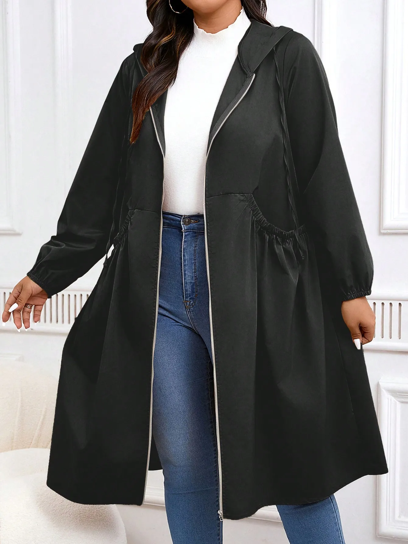 Solid Drawstring Zip Up Hooded Coat, Casual Long Sleeve Pocket Outerwear for Fall & Winter, Women's Clothes for Daily