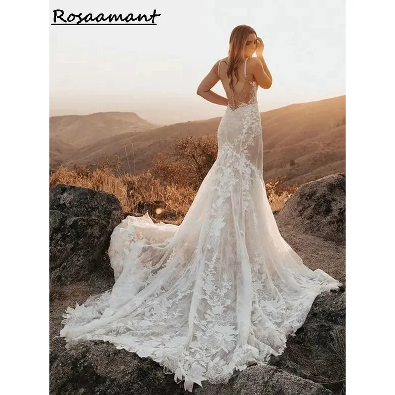 الوهم الساحر السباغيتي الأشرطة حورية البحر فساتين الزفاف انفصال كم يزين الدانتيل بوهو البلد مخصص زي العرائس