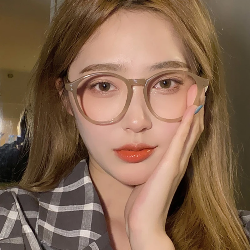 إطار نظارات دائري بدون إطار بلون شاي الحليب نمط جديد طبيعي كبير الوجه عدسة مسطحة إطار نظارات عصري للجنسين #5