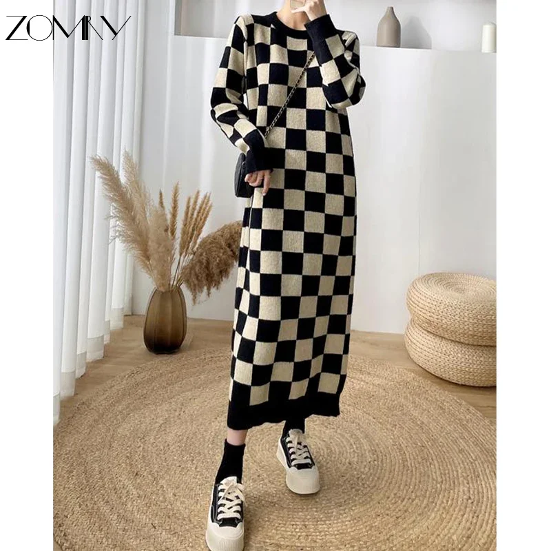 

ZOMRY 2023 Autumn Winter Vintage O-Neck Plaid Loose Dresses Women's Elegant Casual High Street Style Straight Knit Thick Sweater