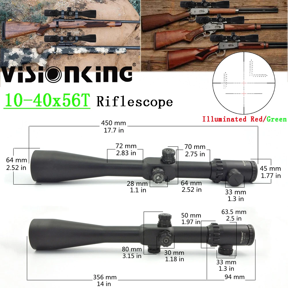 Visionking 35mm 10-40x56 Hunting Riflescope Side Focus Turret Lock Illuminated Red Green .30-06 .308 .50 Target Optical Sight