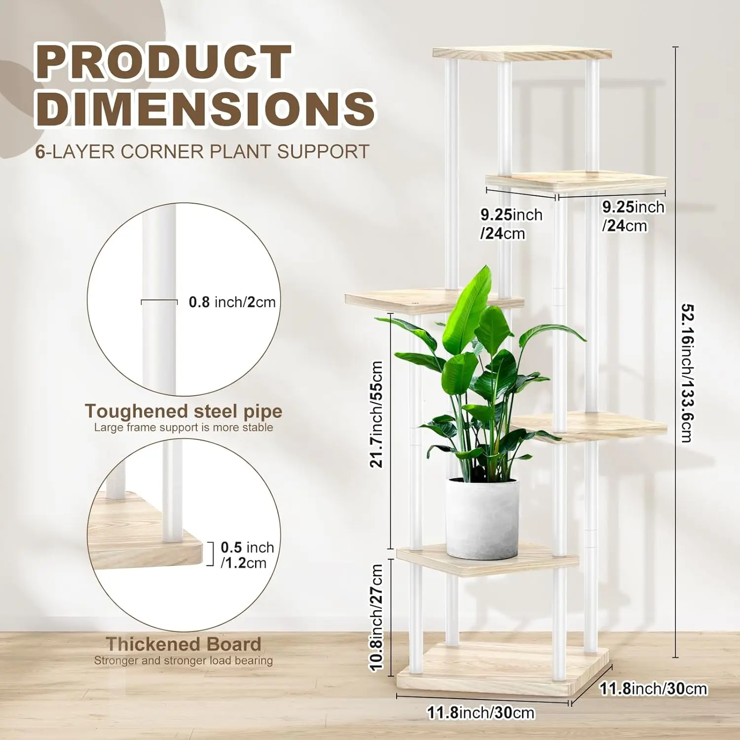 6 Tier Wood Tall Plant Stand Metal Rack Indoor, Multiple Flower Pot Holder Shelves Corner Rack, Planter Shelf Display Rack Stora