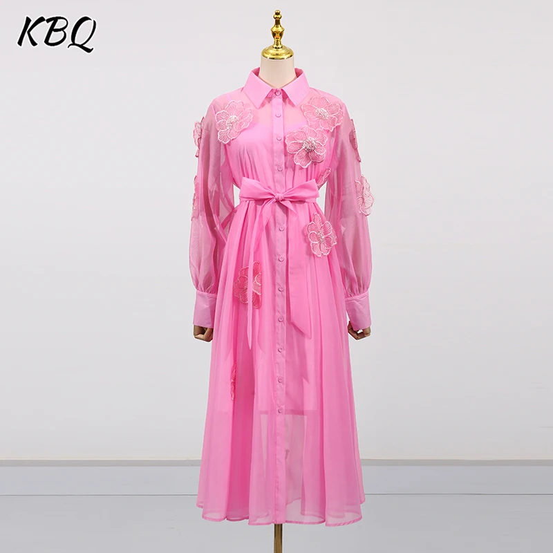 

KBQ Solid Slimming Spliced Appliques Tunic Dresses for Women Lapel Long Sleeves High Waist Temperament Chic Dress Female Style