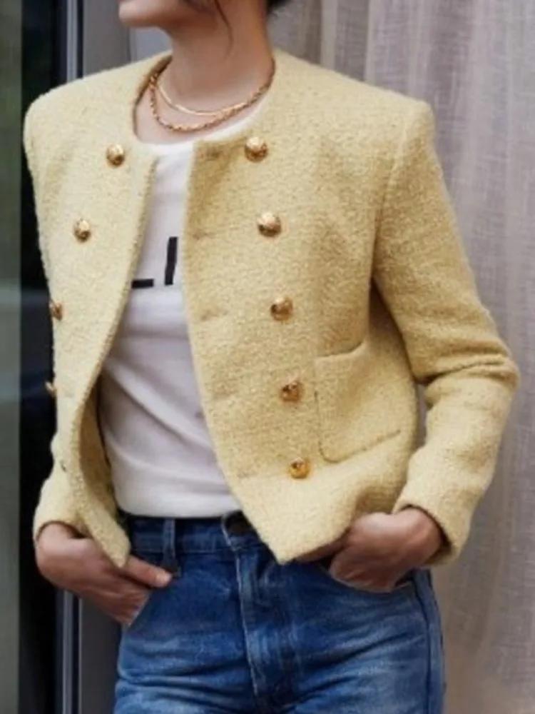 UCXQ Korean Style O Neck Double Breasted Coarse Tweed Short Jacket Elegant Yellow All Match Coat Women 2024 Spring Autumn 3A7801