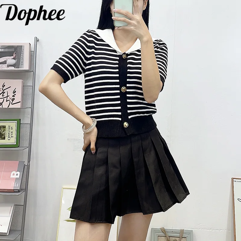 Dophee All-match Summer Women T-shirt Colorblock Stripes Navy Collar Knitted Cardigans Shirts Elegant Short Sleeve Sweater Top