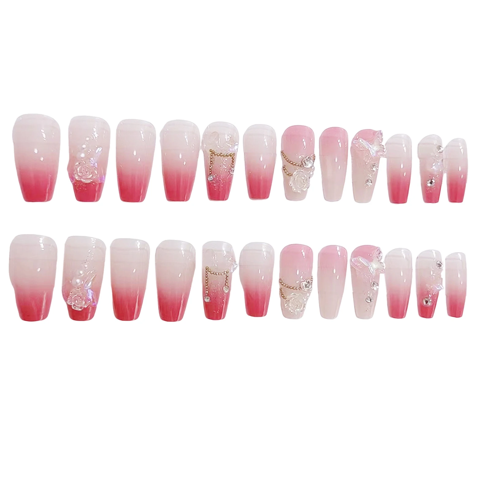 Pink False Nails with 3D Butterfly Decor Natural Unbreakable Nail Simple Wear for Women and Girl Nail Salon