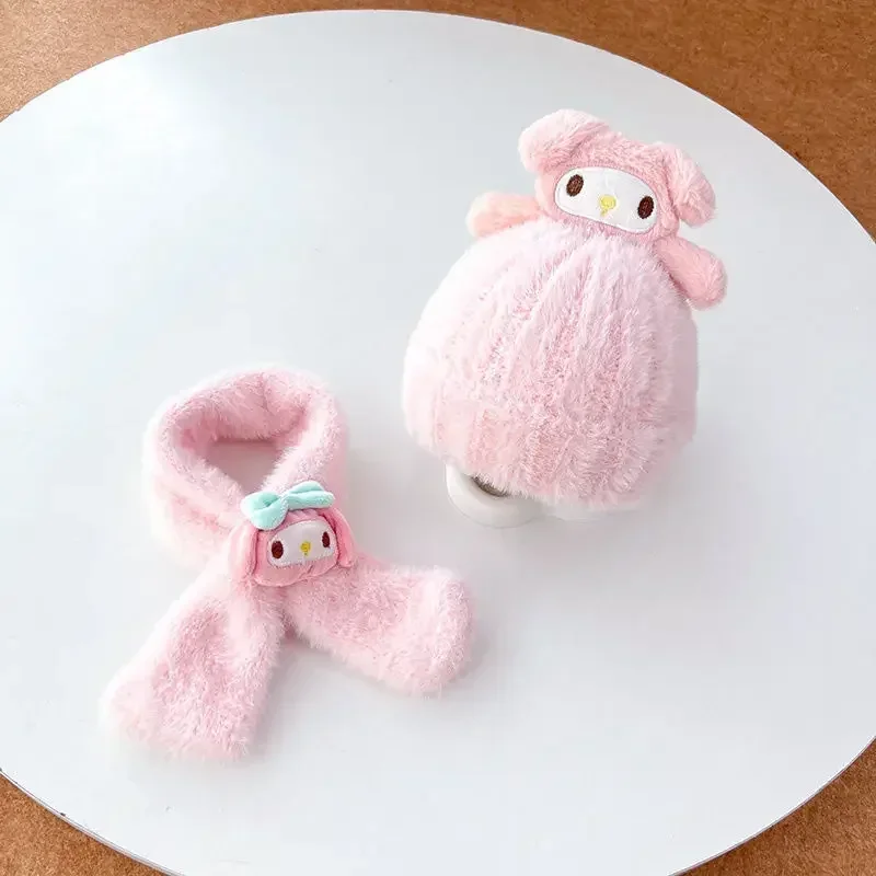 

Kuromi Cinnamoroll Kawaii Anime Sanrio Ins Winter Warm Soft Hat Scarf Cute My Melody Winterproof Baby Earmuffs Cap Gifts for Kid