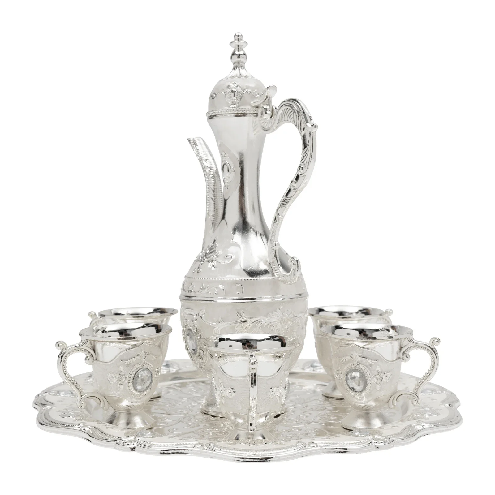 

Винтажный турецкий кофейный сервиз с горшком и 6 чашками для домашнего декора, дня рождения, Рождества, новоселье, свадьба, серебро