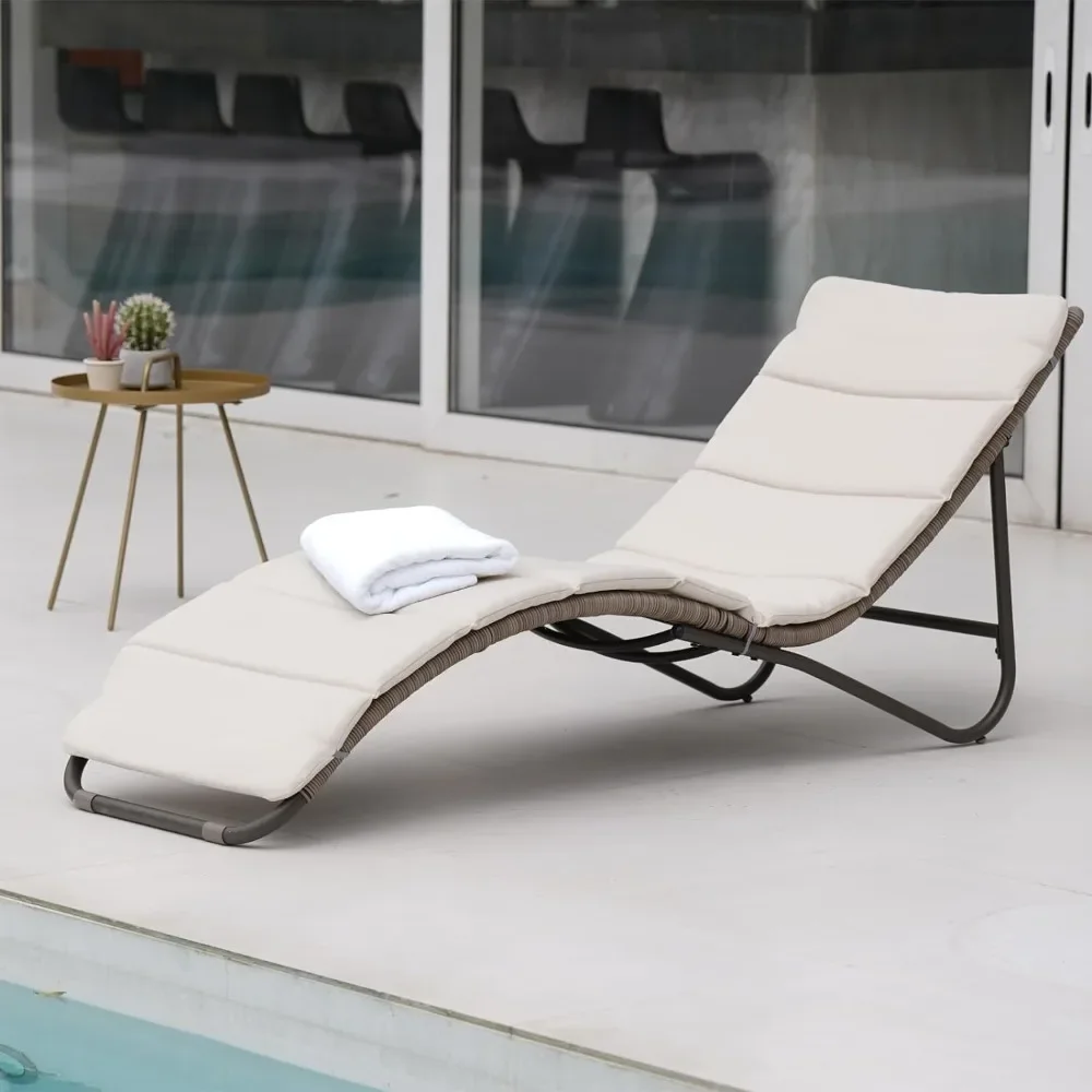 Outdoor Chaise Lounge Sunbathing Chair Arc Lounger with Wicker Cushion Multipurpose Lounge Chair for PoolsideTan Camping Chair