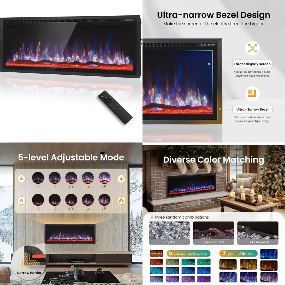 

50 Wall Mounted Electric Fireplace, Recessed Design with Crystal, Charcoal & Log Sets for Indoor Use