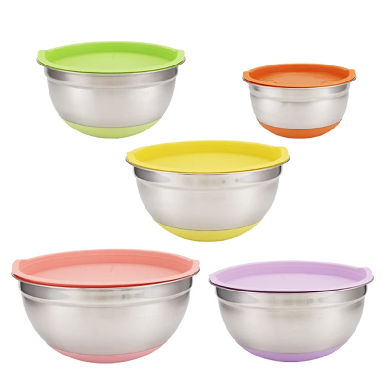 A01F-5Pcs Stainless Steel Mixing Bowls 18-26Cm Diameter Metal Nesting Bowls With Colorful Airtight Lids Non-Slip Bottoms