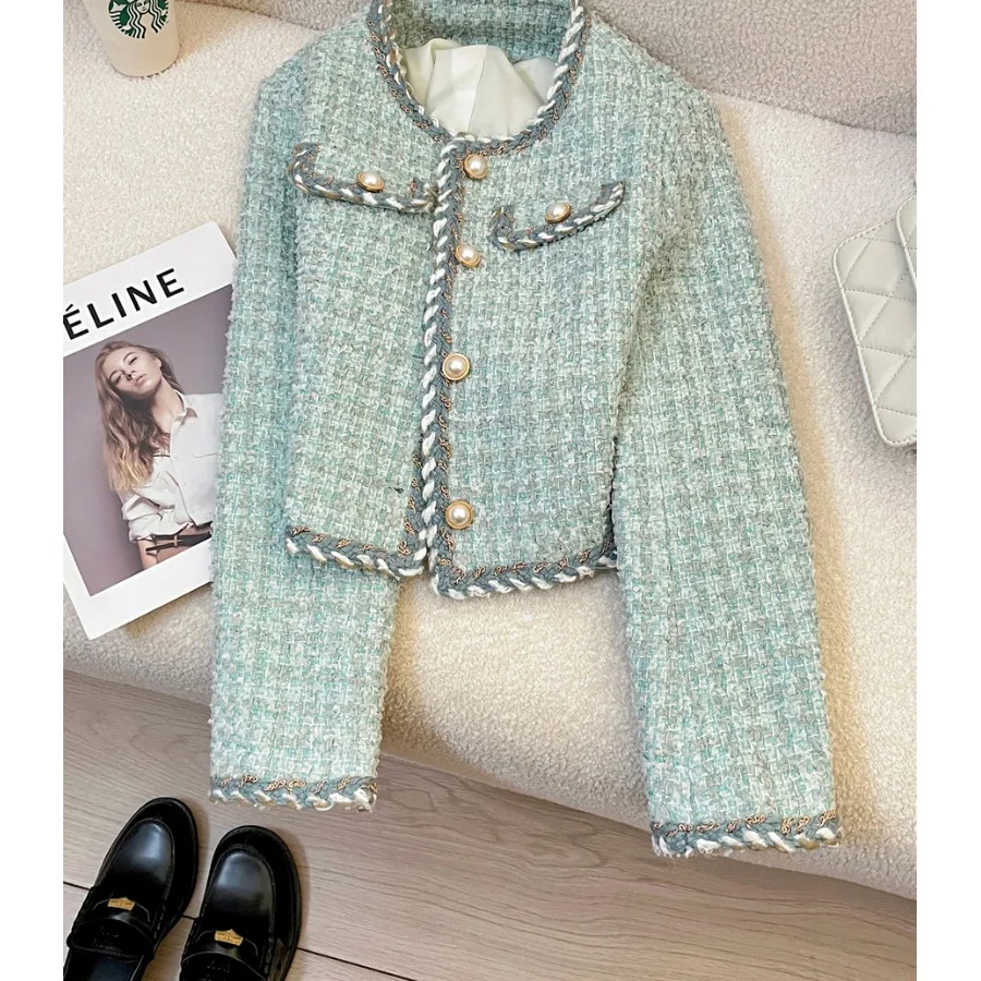 Blue Short Quilted Shoulder Pad Jacket Women's Fashion Style Korean High-End Luxury Name Brand 2025 Autumn New Arrival