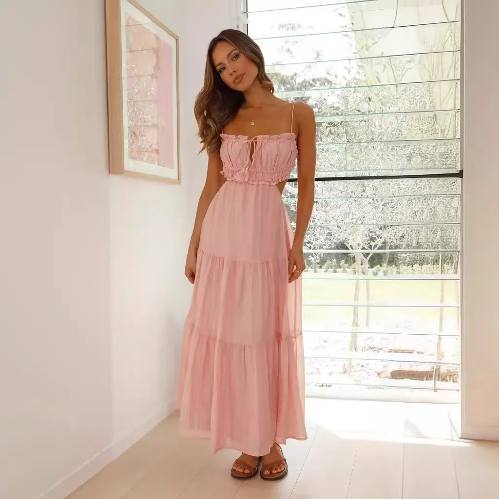 

2025 Summer Women Flowy Long Dress Spaghetti Strap Cut Out Backless Ruffle A-line Dress Bohemian Party Holiday Casual Sundress
