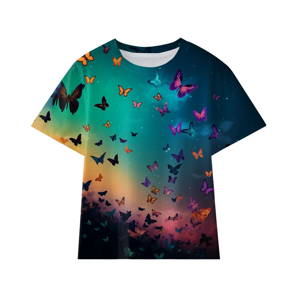 Children's Clothing Girl T-Shirt Short Sleeve 3D Butterfly Print Kids Summer Clothes Casual Beautiful Round Neck Girl Clothes