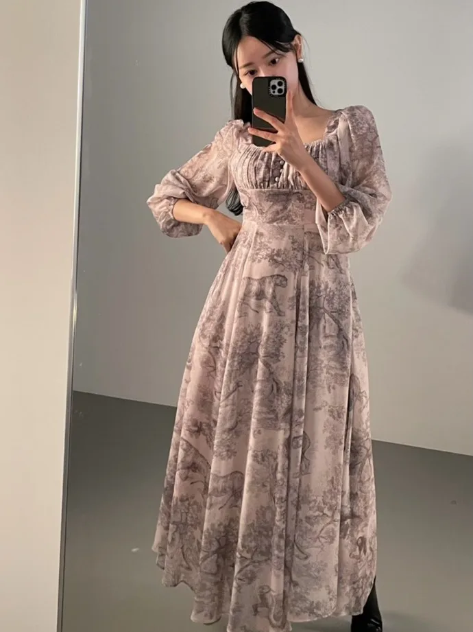 East Gate Ins Retro Padrão Abstrato Vestido Longo F Senhorilhante Manga Sino Vestido Estampado Floral Primavera Outono...