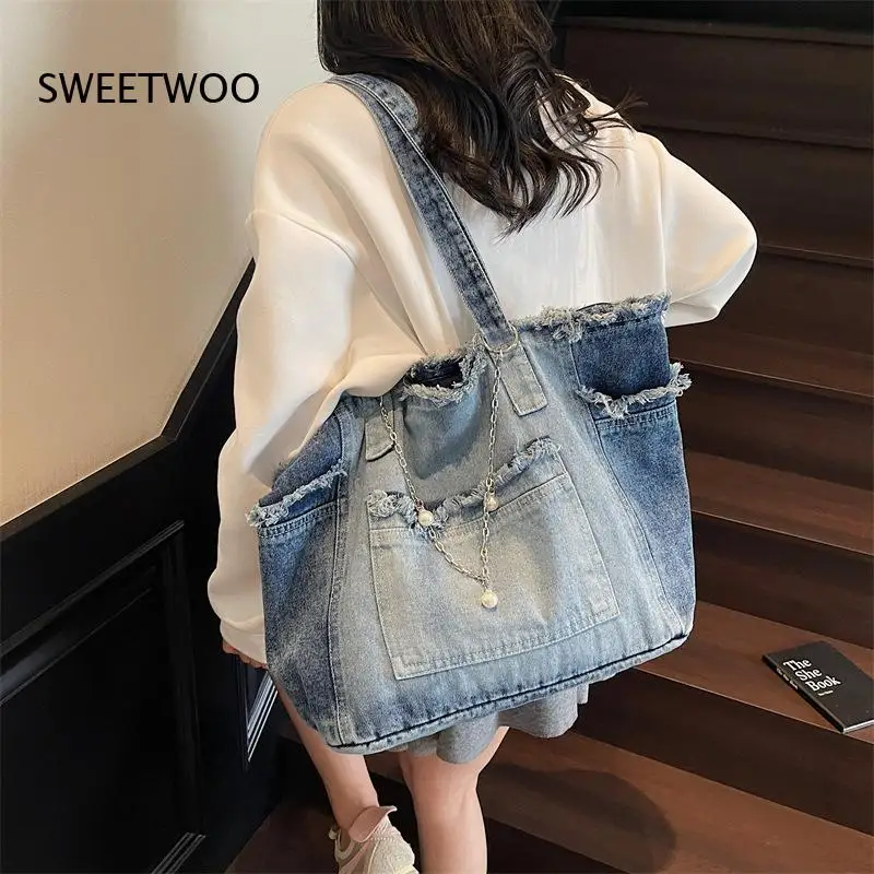 

2026 Frayed Multi Pocket Vintage Wash Denim Tote Bag Wide Adjustable Strap Large Capacity Travel School Shoulder Purse