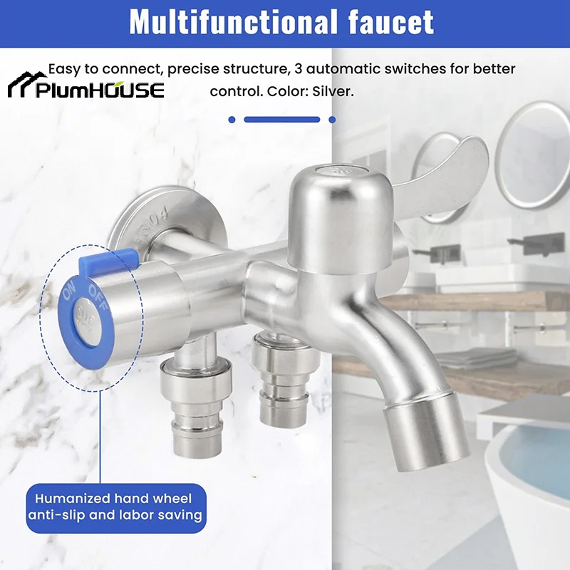 Stainless Steel Multi-function One Into Three Out Washing Machine Faucet Three Control Domestic Diverter Four-way Triangle Valve