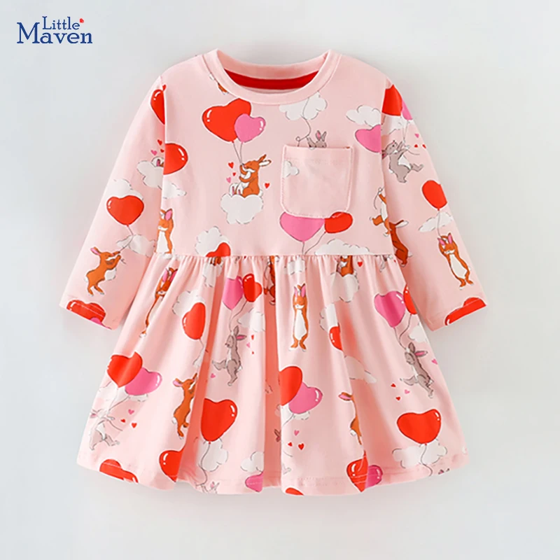 Little maven Baby Girls Children\'s Clothing Kids Clothes 2024 Autumn Spring Cotton Fall Long Sleeves Cartoon Hearts Dresses