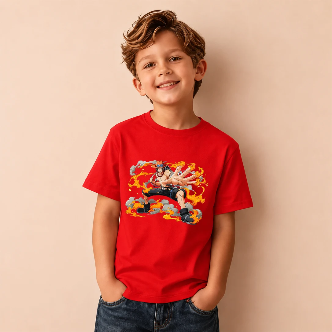 Kids T‑Shirt One Piece Portgas D Ace Flame Battle Print Short Sleeve Casual Tops Boys Girls Anime Children Daily Wear Tees