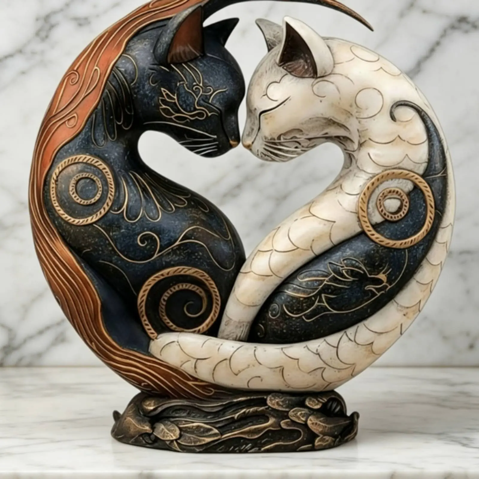 Yin Yang Feline Statue Two-Tone Color Black and White Feline Decor Table Ornament Tabletop Display Scratch-Resistant for Office