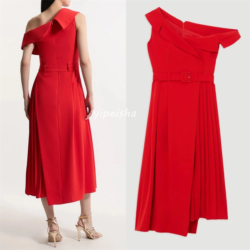 Modern Style High Quality Jersey Pleat Draped Sash A-line One-shoulder Midi Dresses Bespoke Occasion Dresses Fashion Formal