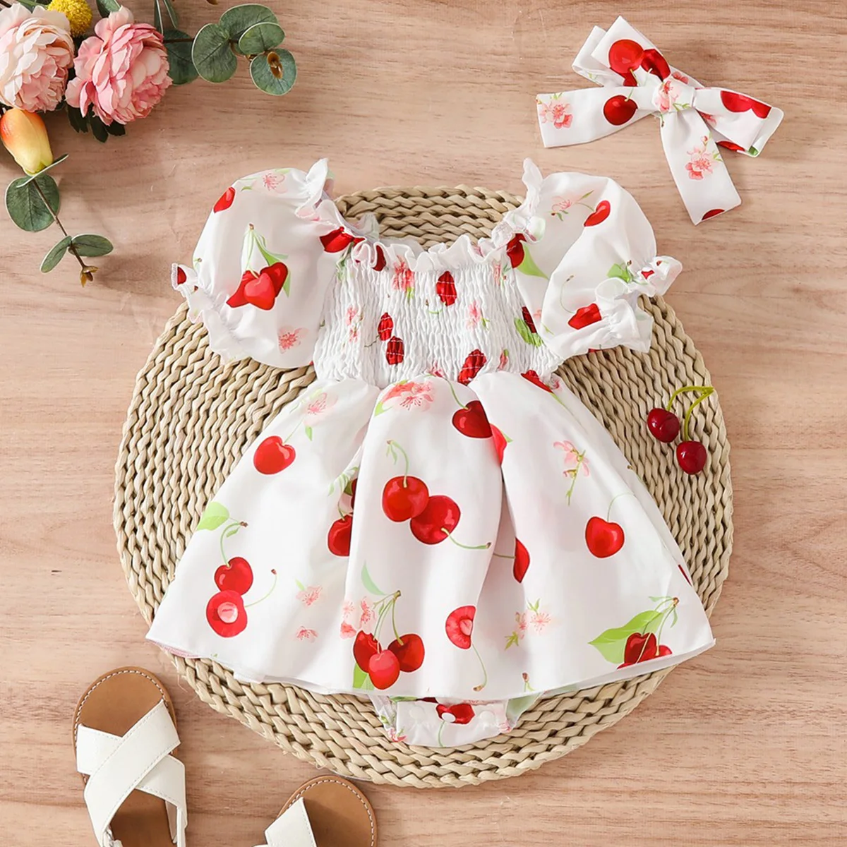 Baby Girl Summer 2-Piece Set Cute Fruit Cherry Puff Sleeves Square Collar Short-Sleeved Triangle Jacket with Headscarf