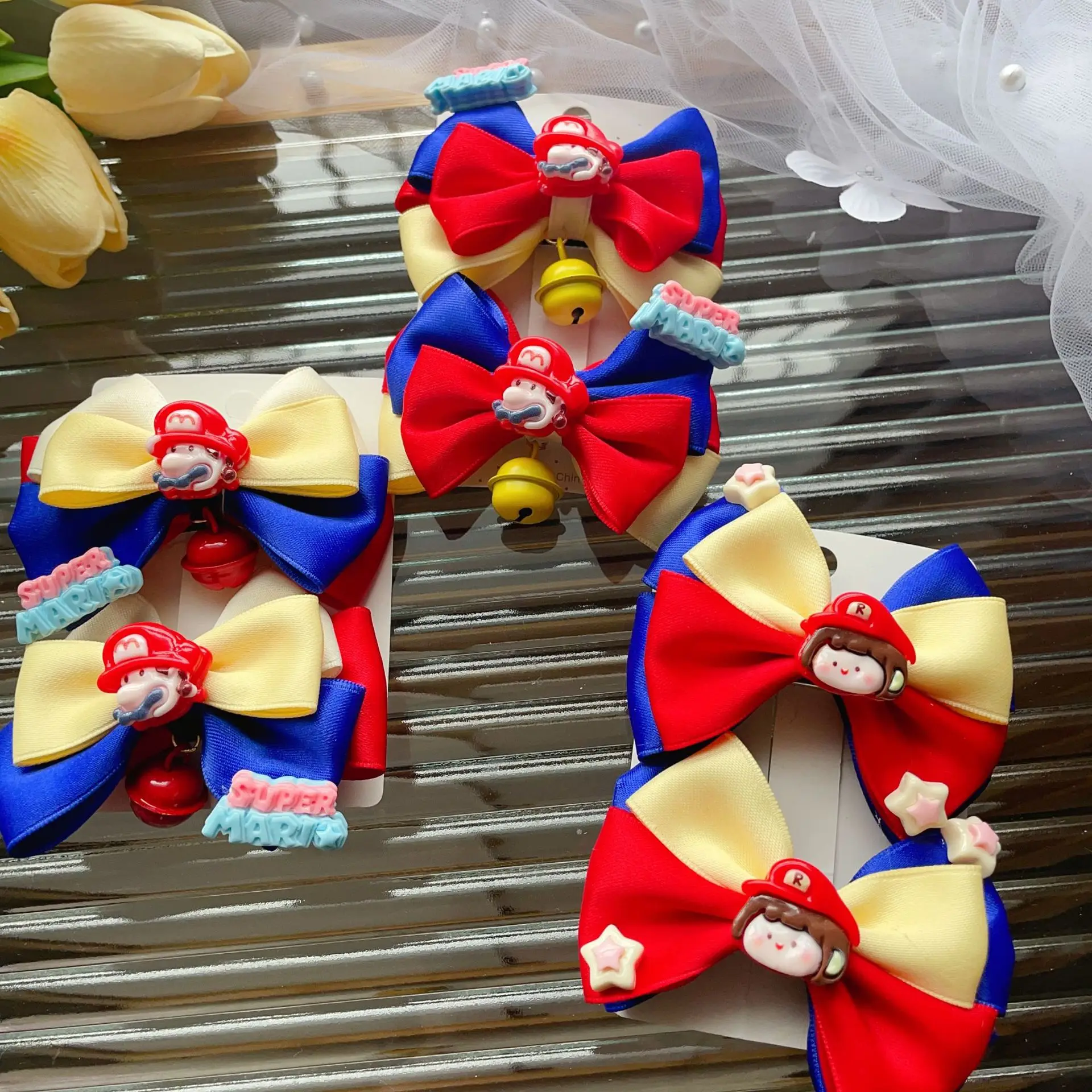 2pcs Super Mario hairclip cute children's hair ornaments princess streamers bows and headbands on the back of the head Gift