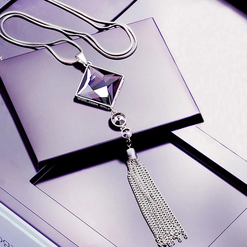 Fashion Swan Snowflake Long Necklace Sweater Chain Metal Chain Square Tassel Women Girls Pendant Necklaces Accessories Jewelry
