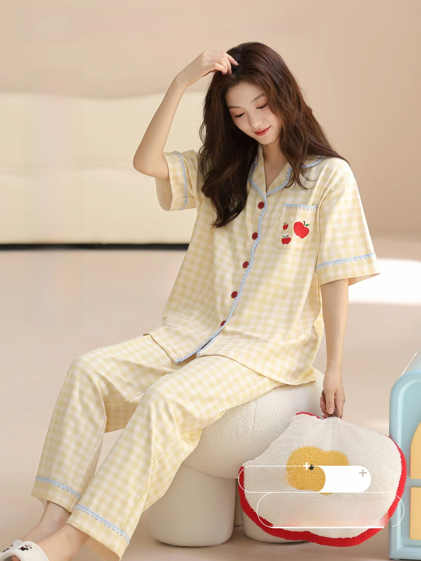 pure-cotton-women's-summer-sleepwear-soft-plaid-set-home-clothes-two-piece-suit-comfortable-loose-fit-short-sleeve-long-pants