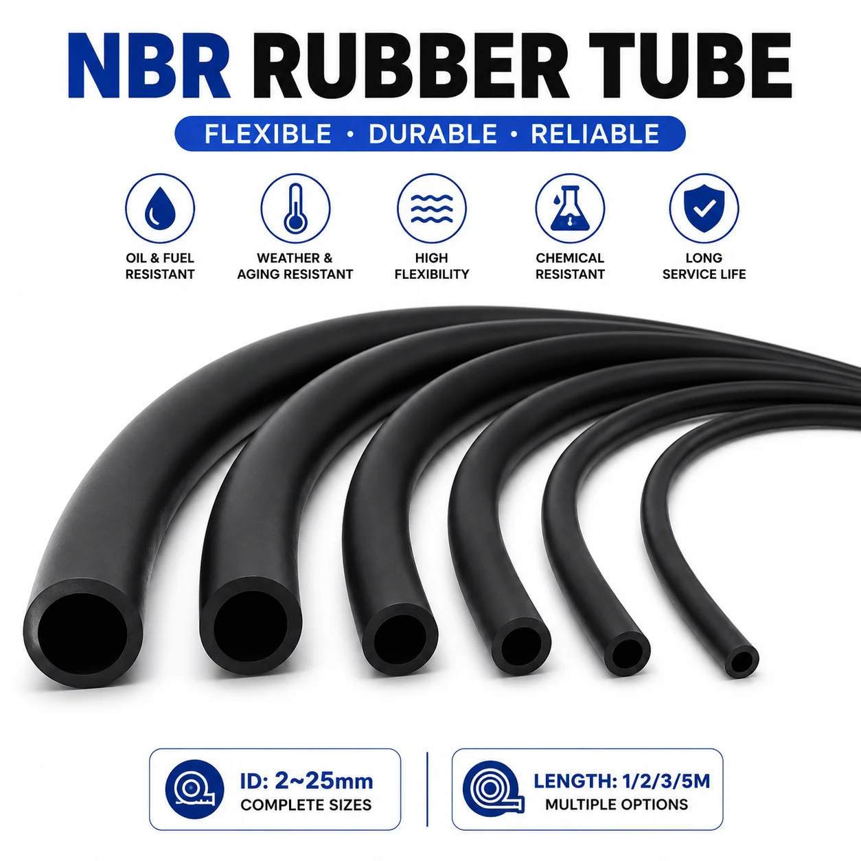 1/2/3/5-meter black nitrile rubber hose, inner diameter 2-25 mm, resistant to high and low temperatures and not easily cracked