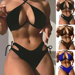 Sexy Bikini Set Stylish Women's Summer Bikini Set with Halter Bra High Waist Lace-up Quick Drying Bathing Suit for Beach or Pool