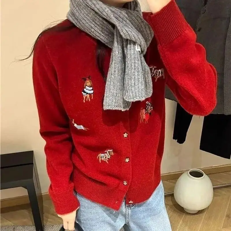Embroidery Knitted Cardigan New Fashion Round Neck Cartoon Sweater Coat Single Breasted Top for Women Spring Autumn Casual